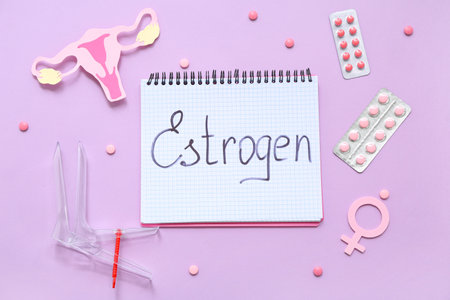Notebook with the word ESTROGEN, gynecological speculum, hormonal pills, paper uterus and symbol of woman on purple backgroundの写真素材