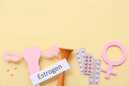 Word ESTROGEN with blisters of hormonal pills and paper uterus on beige background