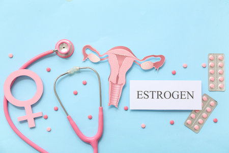 Word ESTROGEN with stethoscope, hormonal pills, paper uterus and symbol of woman on blue backgroundの写真素材