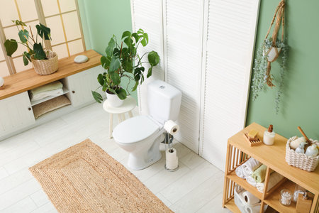 Interior of restroom with toilet bowl, houseplants and sideboard near green wall