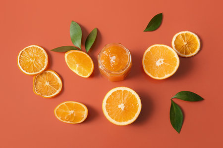 Jar of tasty orange jam on red backgroundの写真素材