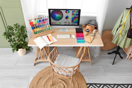 Tailor's workplace with computer and thread spools in atelierの写真素材