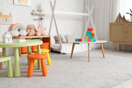 Colorful cubes on table in children's bedroomの写真素材
