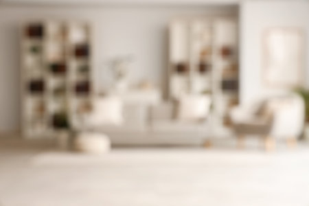 Interior of modern living room with sofa, armchair and bookshelves. Blurred viewの写真素材