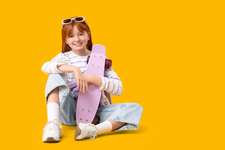 Teenage girl in sneakers with skateboard sitting on yellow background