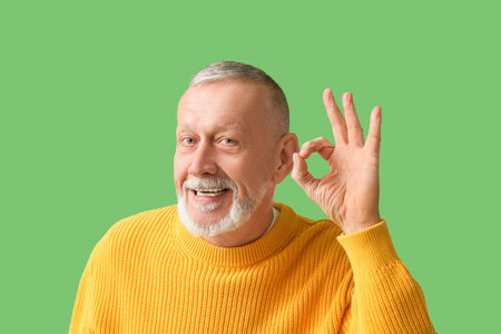 Happy senior man showing OK on green background, closeup.の写真素材