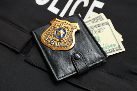 Wallet with money and policeman's badge on body armour, closeupの写真素材
