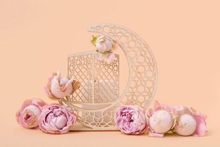 Crescent with beautiful flowers on beige background. Ramadan celebrationの写真素材