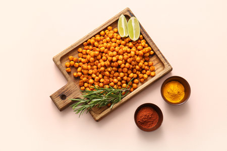 Wooden board with tasty fried chickpeas, lime, dill and bowls of spices on beige backgroundの写真素材
