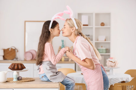 Mother and her daughter with bunny ears holding hands in kitchen on Easter day