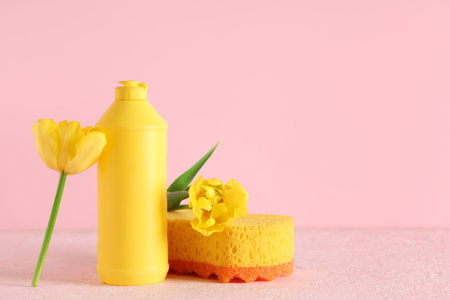 Cleaning sponge with detergent and spring flowers on pink tableの写真素材
