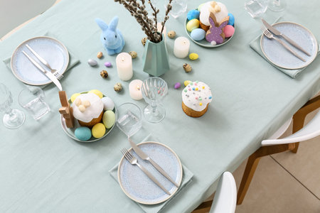 Beautiful table served for Easter celebration. Closeup