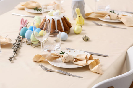 Plate with napkin served for Easter celebration. Closeup
