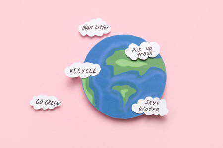 Paper clouds with advice and planet on pink background. Earth Dayの写真素材