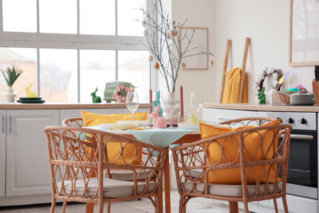 Dining table set for Easter with rabbits and tree branches in kitchenの写真素材