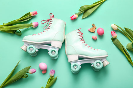 Composition with roller skates, Easter eggs and tulip flowers on color backgroundの写真素材