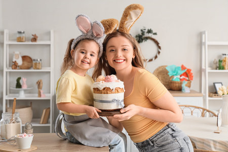 Happy mother and her cute daughter in bunny ears with freshly baked Easter cake at home