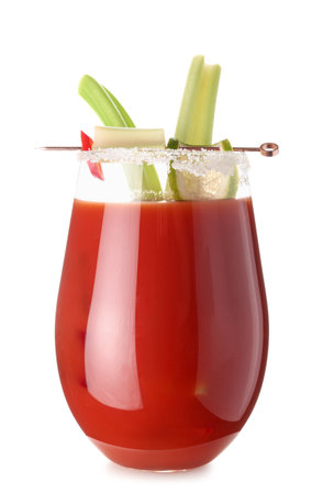 Glass of bloody mary cocktail with chili pepper and celery on white backgroundの写真素材