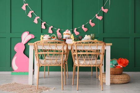 Dining table served for Easter celebration in roomの写真素材