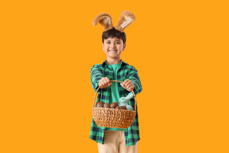 Cute boy in bunny ears holding wicker basket with sweet chocolate eggs and toy rabbit on yellow...