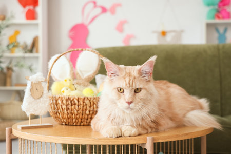Cute Maine Coon cat with Easter basket and toy sheep sitting on table in living roomの写真素材