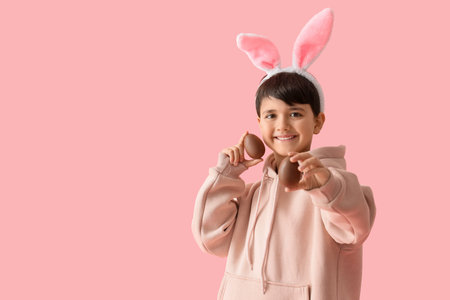 Cute boy in bunny ears with sweet chocolate eggs on pink background. Easter celebration
