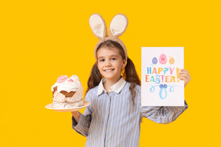 Cute little girl in bunny ears with Easter cake and greeting card on yellow background