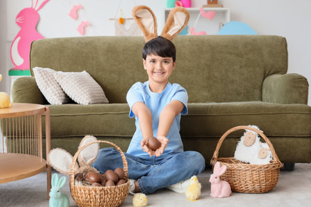 Cute boy in bunny ears with wicker basket of sweet chocolate eggs, chicks and toy rabbits sitting on carpet in living room. Easter celebrationの写真素材