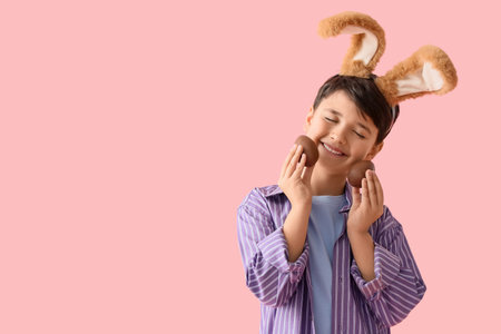 Cute boy in bunny ears with sweet chocolate eggs on pink background. Easter celebration