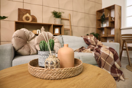 Cactus, vase, aroma sticks and wicker tray on table in living roomの写真素材