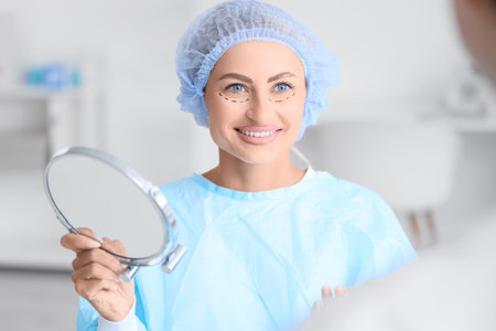 Young woman with marks on her face and mirror in clinic, closeup. Blepharoplasty conceptの写真素材