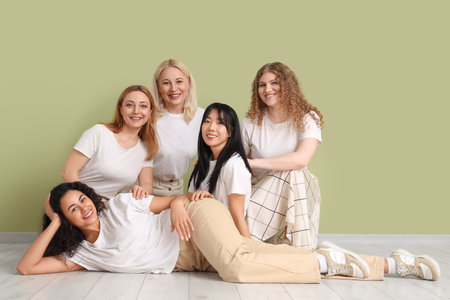 Group of beautiful women near green wall. Women's History Monthの写真素材