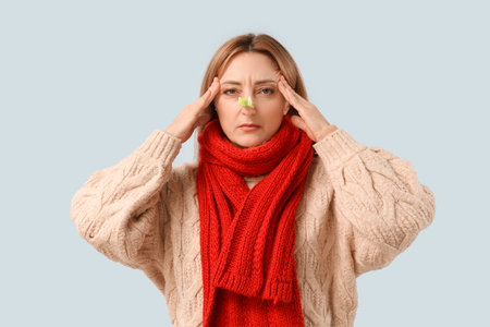Ill mature woman with clothespin on light background. Stuffy nose concept