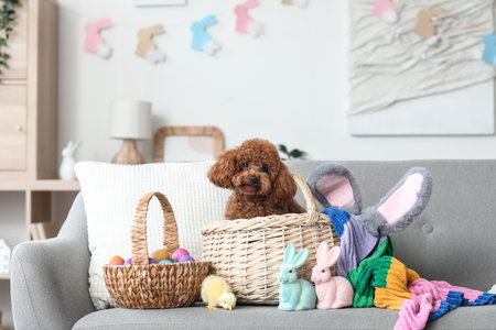Cute Toy Poodle dog with Easter basket, chick and toy rabbits on sofa in living roomの写真素材