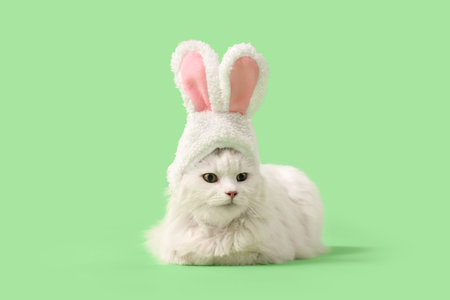 Cute white cat in bunny ears on green background. Easter celebrationの写真素材