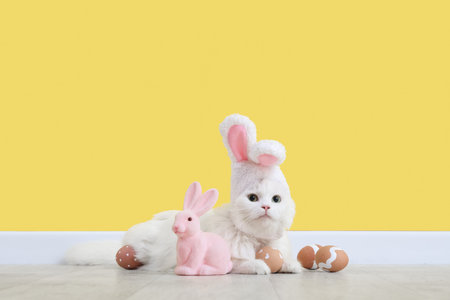 Cute white cat in bunny ears with Easter eggs and toy rabbit near yellow wall