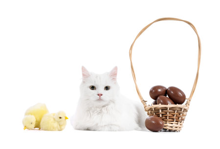Cute cat with wicker basket of sweet chocolate eggs and chicks on white background.の写真素材