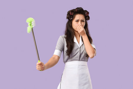Asian chambermaid with hair curlers and toilet brush on lilac backgroundの写真素材