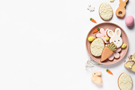 Composition with decor and different Easter cookies on plate isolated on white backgroundの写真素材