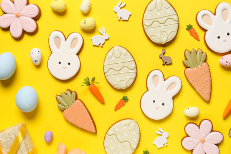 Composition with different Easter cookies on yellow background