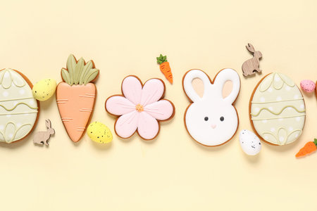 Composition with decor, eggs and different Easter cookies on beige background