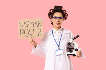 Female Asian chemist holding paper with text WOMAN POWER and microscope on pink backgroundの写真素材