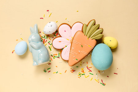 Sprinkles, Easter eggs and different cookies on beige background