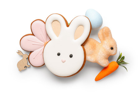 Decor, tasty Easter cookies in shape of bunny and flower isolated on white background