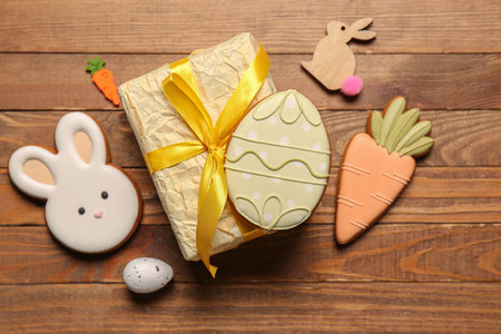 Composition with gift box, Easter cookies in shape of egg, bunny and carrot on wooden background