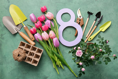 Composition with flowers, gardener's tools and paper figure eight on green grunge background. International Women's Day celebrationの写真素材