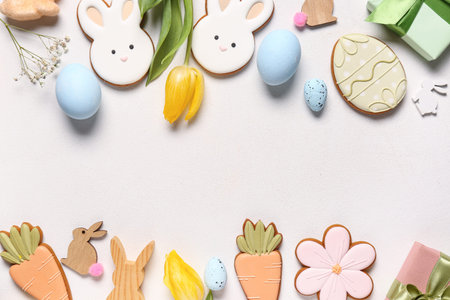 Composition with decor, flowers and different Easter cookies on white background