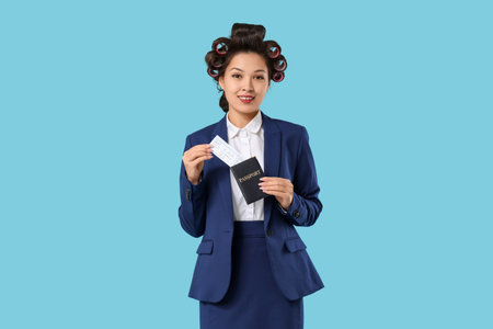 Young Asian stewardess with hair curlers holding passport and ticket on blue backgroundの写真素材