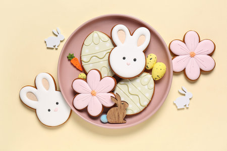 Composition with decor and different Easter cookies on plate on beige background