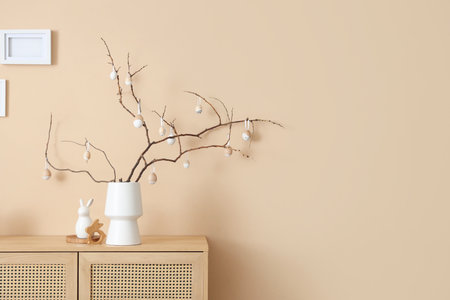 Vase with tree branches and Easter eggs on wooden cabinet near beige wallの写真素材